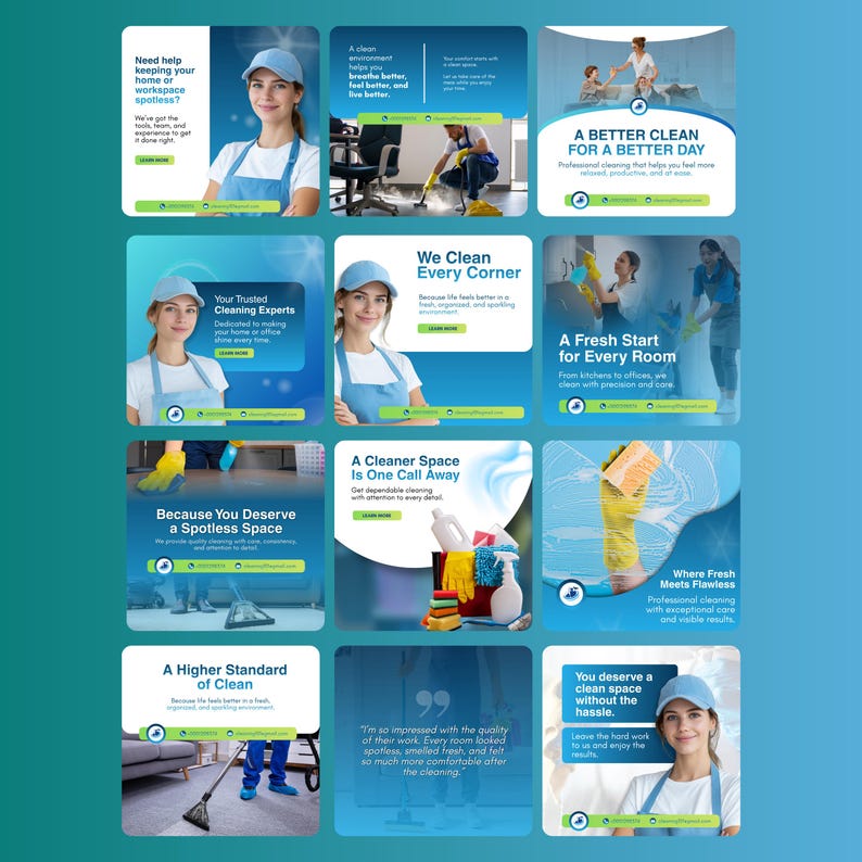 Pode incluir: Um conjunto de gr&aacute;ficos promocionais para um servi&ccedil;o de limpeza. As imagens apresentam texto como "Uma limpeza melhor para um dia melhor" e "Seus especialistas em limpeza de confian&ccedil;a". O esquema de cores &eacute; azul e branco.