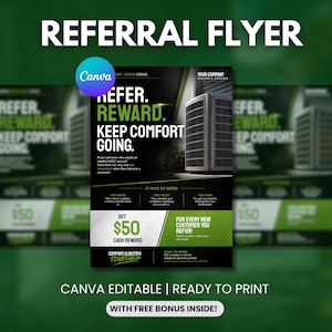 Może przedstawiać: Szablon ulotki marketingowej dla usług HVAC w czarno-zielonej kolorystyce. Tekst brzmi REFER. REWARD. KEEP COMFORT GOING. GET $50 CASH REWARD. Zawiera obraz zewnętrznej jednostki klimatyzacyjnej oraz dodatkowe informacje tekstowe.