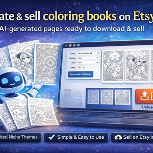 Könnte beinhalten: Werbung für das Erstellen und Verkaufen von Malbüchern auf Etsy. Das Bild zeigt einen Laptop mit Malbuchseiten, einen Roboter, der Malbuchseiten hält, und Geldscheine. Der Text enthält "Create & sell coloring books on Etsy" und "Upload to Etsy."
