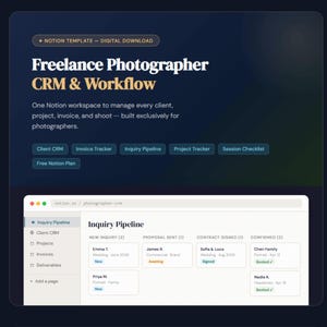 Plantilla de Notion para fotógrafos / CRM y sistema de flujo de trabajo para clientes / Planificador de negocios para fotógrafos freelance / Descarga digital