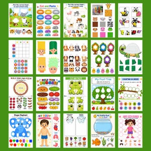 Könnte beinhalten: Eine Sammlung von zwanzig pädagogischen Arbeitsblättern für Kinder mit Ausschneide- und Klebeaufgaben, Tierzuordnungen, Formenerkennung, Zählübungen und Anatomiediagrammen, ergänzt durch farbenfrohe Illustrationen und klare Anweisungen.