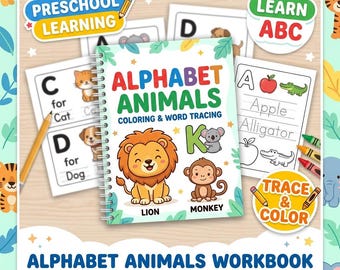 Alphabet Animals Coloring Book, Preschool Trace and Learn ABCs (Digital Download)