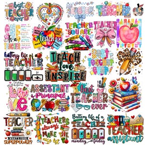 May include: A collection of colorful teacher-themed graphic designs featuring apples, pencils, books, battery icons, and text such as Best Teacher Ever, Teach Love Inspire, and Assistant Principal, arranged in a grid on a white background.