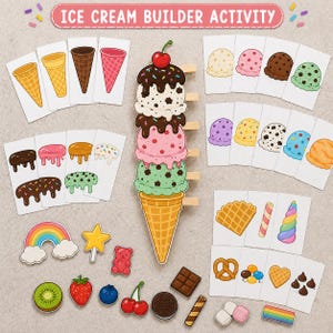 Puede incluir: Un set de actividad para construir helados que incluye un recorte central vertical de un cono de helado, numerosas tarjetas rectangulares con varias bolas de helado, coberturas y conos, además de pequeños recortes de frutas, dulces y piezas de chocolate.