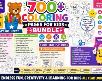 700+ Coloring Pages for Kids Bundle, Printable Activity Pages, Preschool Worksheets, Tracing Worksheets, Cut and Paste Activities,  Download