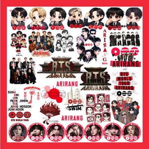 May include: A collection of BTS-themed stickers and graphics, featuring cartoon illustrations of the band members, group photos, and the text "ARIRANG" and "BTS WORLD TOUR". The design incorporates red and white elements.