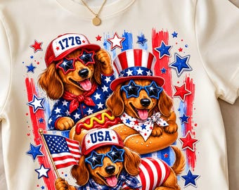 Striped Patriotic Dachshund PNG, 4th Of July Weiner Dog Sublimation, Retro USA Doxie Shirt Design, Floral Dachshund PNG instant download