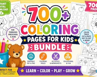 700+ Coloring Pages for Kids Bundle, Printable Activity Pages, Preschool Worksheets, Tracing Worksheets, Cut and Paste Activities,  Download