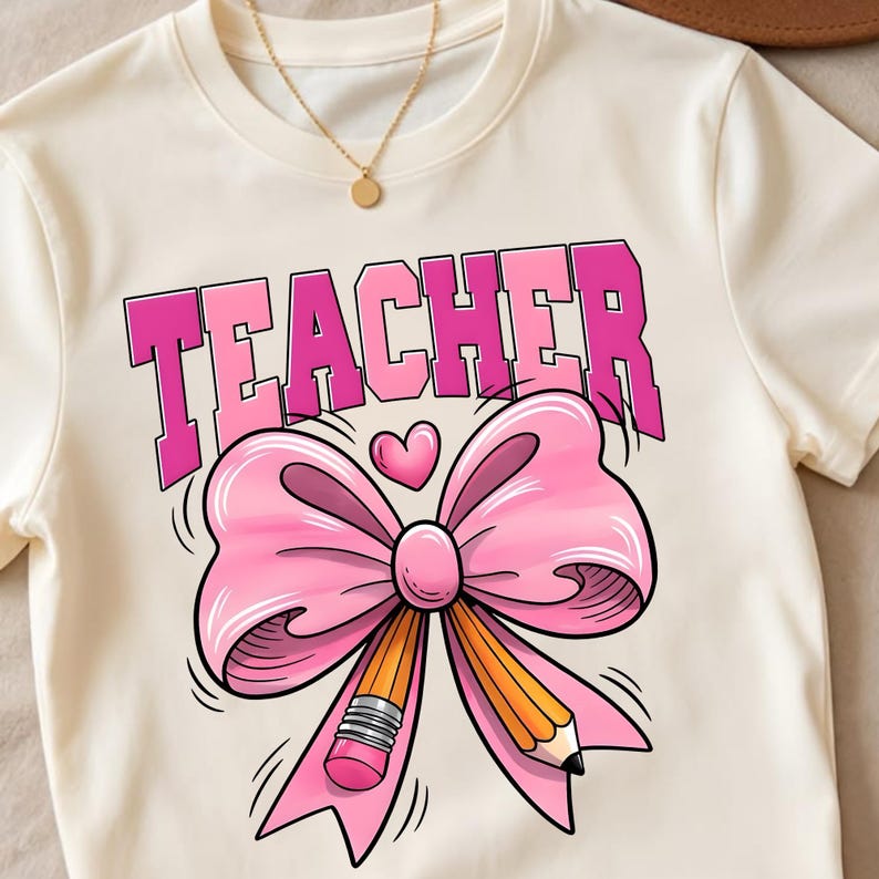 May include: A cream-colored t-shirt featuring the word TEACHER in bold pink letters. Below the text is a large, light pink bow graphic with a small heart above it. Two yellow pencils with pink erasers are tucked into the center of the bow.