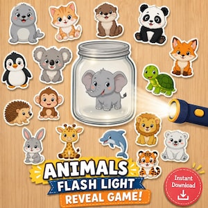 動物の懐中電灯当てゲーム | 幼稚園・保育園向けアクティビティ | かわいい動物のPNGとPDFを印刷可能、動物の楽しいゲーム