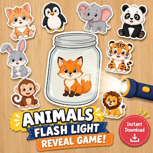 Puede incluir: Un gráfico digital con un frasco de vidrio central que contiene un zorro de dibujos animados, iluminado por una linterna azul. Alrededor del frasco hay pegatinas de gato, pingüino, elefante, panda, conejo, tigre, mono y león. Texto: ANIMALS FLASH LIGHT REVEAL GAME e Instant Download.