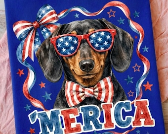 Funny Patriotic Dachshund Clipart, 4th of July Dog PNG (Digital Download) Retro USA Doxie Shirt Design, Floral Dachshund PNG