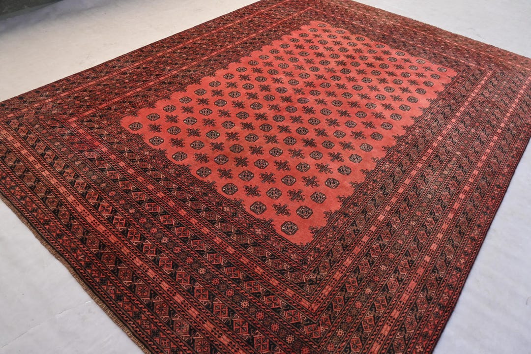 Red Vintage Mowri Bukhara Rug, 8x11 Ft Hand Knotted Afghan Wool Area ...