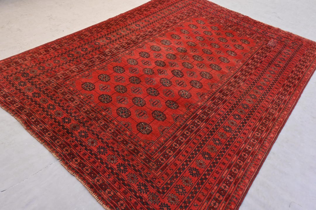 Red Vintage Mowri Bukhara Rug, 6'7 X 8'11 Ft Hand Knotted Afghan Wool ...