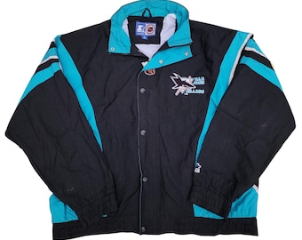 Veste de base vintage des années 90 pour les Sharks de San Jose – Coupe-vent LNH XL noir sarcelle