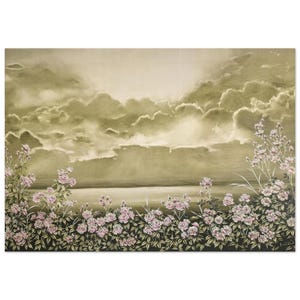 Puede incluir: Una pintura de paisaje artístico que presenta un cielo nublado y un campo de rosas rosas. La obra de arte tiene una paleta de colores apagados con tonos de verde, marrón y rosa. Las rosas están en plena floración, agregando color a la escena.
