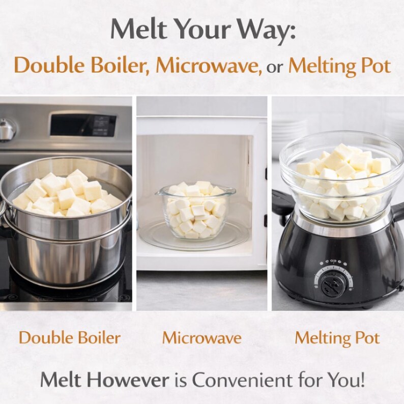 Op de afbeelding: Afbeelding met drie smeltmethoden: een dubbele boiler, een magnetron en een smeltpot. Elke methode bevat witte blokjes. Bovenin staat de tekst "Melt Your Way: Double Boiler, Microwave, or Melting Pot."