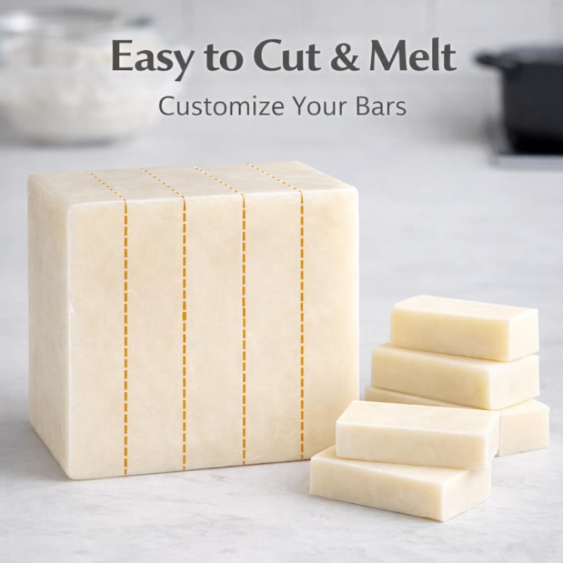 Op de afbeelding: Een groot, gebroken wit blok zeep met stippellijnen om te snijden, naast verschillende kleinere, rechthoekige zeepblokken. De tekst "Easy to Cut & Melt" en "Customize Your Bars" is zichtbaar.