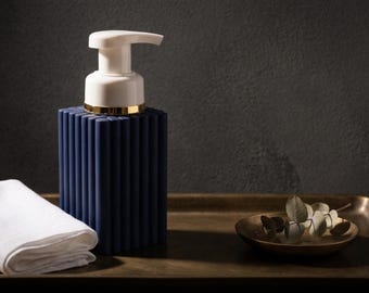 Lazurite Blue Fluted Soap Dispenser Sleeve | Sculptural Deep Navy Bathroom Decor