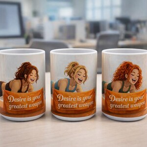 May include: Three white ceramic mugs with illustrations of women with different hair colors. Each mug features a woman laughing and the text "Desire is your greatest weapon" on a banner.
