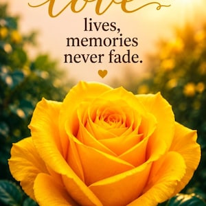 Może przedstawiać: Jaskrawożółta róża w pełnym rozkwicie z warstwowymi płatkami. Nad kwiatem znajduje się tekst: where love lives, memories never fade. Mała żółta ikona serca umieszczona jest pomiędzy tekstem a górną częścią płatków róży.