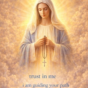 May include: An artistic depiction of a woman in a white veil and blue robe, holding a rosary with a cross. The image has a soft, ethereal glow with text that reads "trust in me, I am guiding your path" and the name "BellaBlue Awakening".