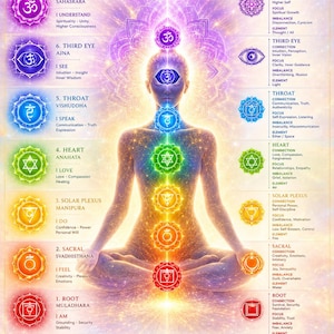 May include: A poster titled THE 7 CHAKRAS featuring a central figure in a seated meditation pose. Seven colored chakra symbols are aligned vertically along the body, each labeled with its name, focus, and element. The bottom section lists ways to balance chakras.