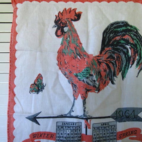 Vintage Rooster chicken Linen Tea Towel dish towel Shabby French Country Cottage farmhouse Chic 1964