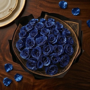Puede incluir: Un ramo de rosas azules cubiertas de purpurina, dispuestas en un envoltorio negro y dorado. Lentejuelas azules dispersas son visibles sobre la superficie de madera oscura. El arreglo está sobre una mesa de madera oscura, con un vistazo a un plato con borde dorado.