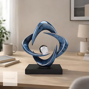 Blue Resin Abstract Sculpture with Crystal Sphere – Modern Table Centerpiece Home Accent