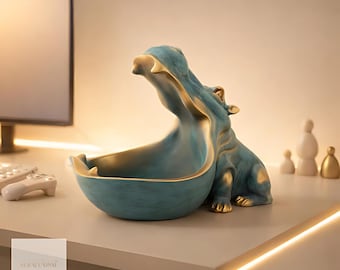 Hand-Painted Resin Hippo Candy Dish: Large Animal Decor Storage Bowl, Key Holder