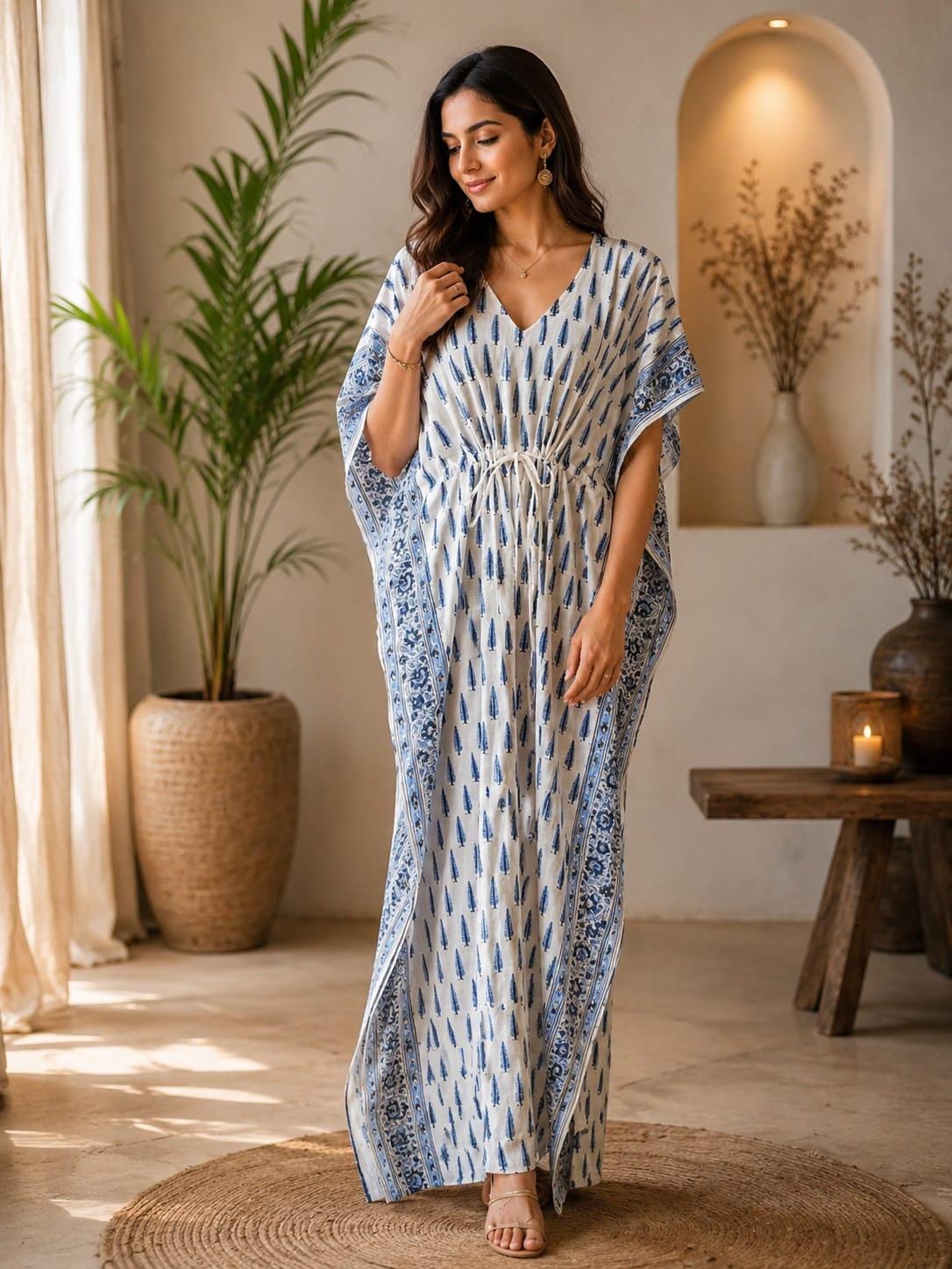 Blue Floral Cotton Kaftan Maxi Dress Beach Cover Up, Resort Wear