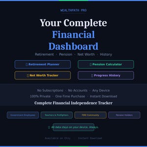 May include: A dark blue digital graphic with the text "Your Complete Financial Dashboard." Features include "Retirement Planner," "Pension Calculator," and "Net Worth Tracker." Additional text states "Complete Financial Independence Tracker."