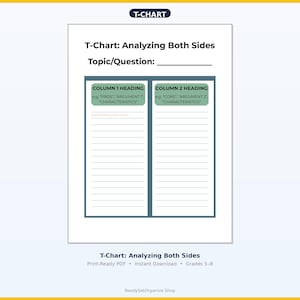 T-Chart Graphic Organizer | Analyzing Both Sides | Compare & Contrast | Middle School ELA Worksheet | Instant Download