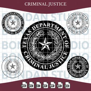 May include: A digital graphic design featuring the Texas Department of Criminal Justice emblem. The circular logo displays a central five-pointed star surrounded by a wreath of leaves, with the text Texas Department of Criminal Justice.