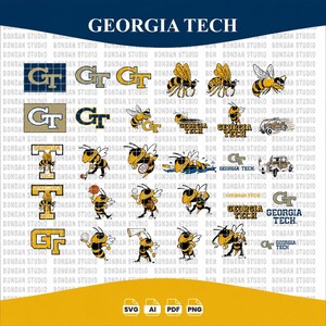 May include: A digital graphic featuring various Georgia Tech-themed designs. The image includes the words "GEORGIA TECH" and "BONDAN STUDIO", along with multiple illustrations of the Georgia Tech "GT" logo and cartoon bees.