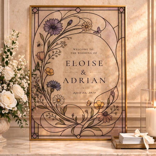 Floral Wedding Welcome Sign Template, Faux Stained Glass Wedding Sign, Wildflower Art Nouveau DIY Acrylic Wedding Sign, Canva Download