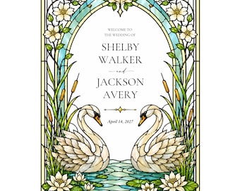 May include: A rectangular wedding invitation featuring a stained glass style border with white flowers, green leaves, and bulrushes. Two white swans face each other in a blue pond with water lilies. Text reads: WELCOME TO THE WEDDING OF SHELBY WALKER and JACKSON AVERY April 14, 2027.