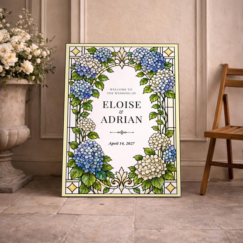 Hydrangea Wedding Welcome Sign Template, Blue Floral Wedding Sign ...