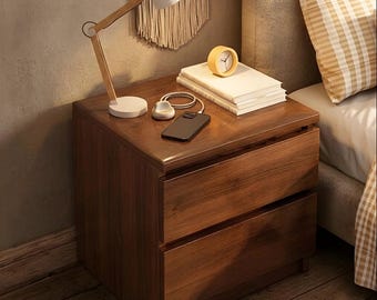 Small Wooden Bedside Table, 2 Drawer Storage, Modern Sofa End Nightstand, Brown Cabinet Unit