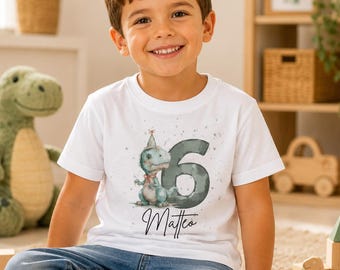 Personalisiertes Dino Geburtstagsshirt Jungen 6 Jahre – Shirt mit Name & Aquarell Dino Motiv zum Kindergeburtstag, Geburtstagsoutfit