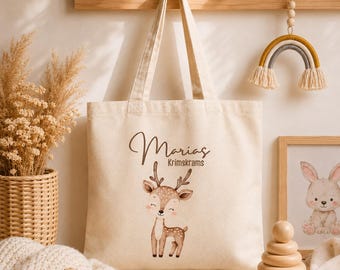Personalisierter Stoffbeutel Kinder | Kindergarten Tasche Namen | Geschenk für Mädchen & Jungen | Tiermotiv Jutebeutel | Krimskrams Tasche