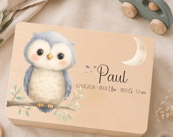 Erinnerungskiste Baby personalisiert mit Name & Geburtsdaten – Holzbox mit Eule und Mond, Geschenk zur Geburt oder Taufe