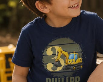 Bagger Geburtstagsshirt Kinder personalisiert mit Name & Alter – Baby T-Shirt zum 3. Geburtstag Junge Baustellenfahrzeug Geschenk