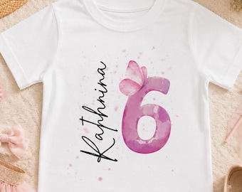 Personalisiertes Geburtstagsshirt Mädchen 6 Jahre mit Namen – Schmetterling Zahl 6, Kinder T-Shirt , Outfit 6. Geburtstag Rosa