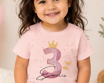 Geburtstagslook Mädchen mit Wunschzahl – Personalisiertes Namensshirt für Kinder – Aquarell Krone-T-Shirt mit Geburtstagszahl für Mädchen
