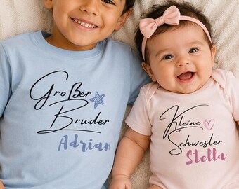 Geschwister Outfit Bruder Schwester personalisiert mit Namen – Großer Bruder & Kleine Schwester Shirt Body Baby Geschenk Geburt