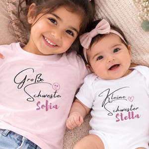 Große Schwester Shirt mit Name & Kleine Schwester Body – Personalisiertes Geschwister Outfit Mädchen zur Geburt
