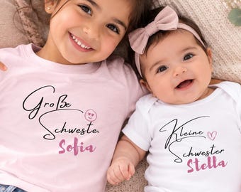 Große Schwester Shirt mit Namen & Kleine Schwester Body – Personalisiertes Geschwister Outfit Mädchen zur Geburt