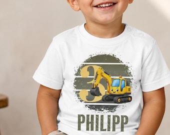 Bagger Kindergeburtstag Shirt mit Namen – Personalisiertes Baustellen T-Shirt zum Geburtstag für Jungen, Geschenk Bauarbeiter Kind